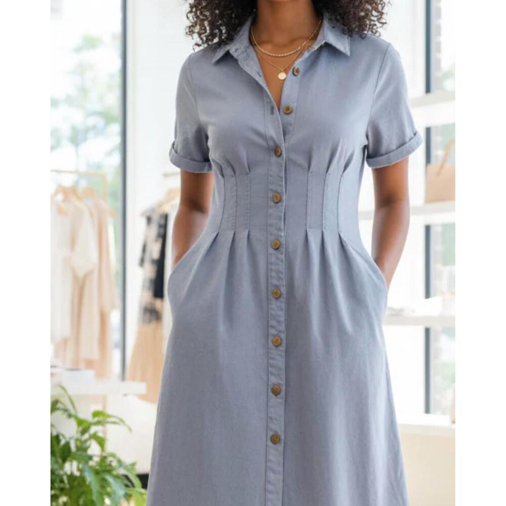 NEW SHE + SKY short sleeve pleated waist button down dress in blue - Picture 2 of 2